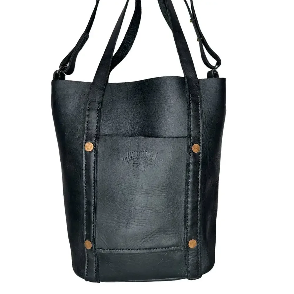 Haiti Made Mini Travay Upright Saddle Black Leather Tote Bag Purse Front Pocket